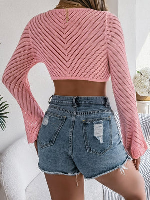 Pink crochet tie-front bell sleeve crop top with chevron pattern
