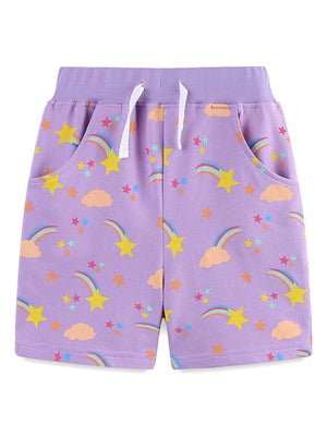Lavender cotton shorts with stars and rainbows pattern, elastic waistband with drawstring.