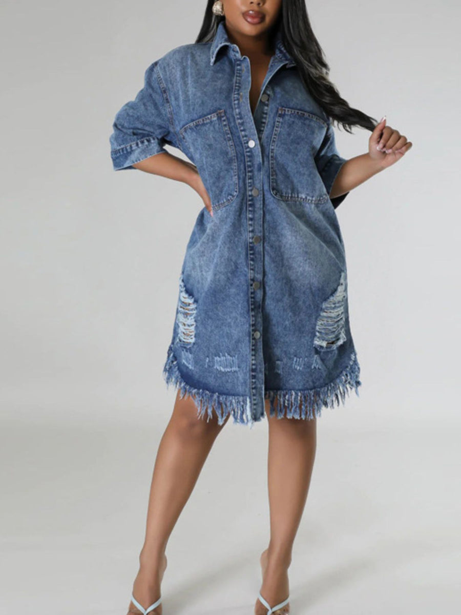 shirt dress in denim blue featuring distressed and relaxed fit