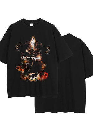 Black oversized t-shirt with abstract fiery graphic print.