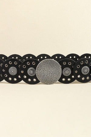 Black faux leather belt with silver disc embellishments and eyelets