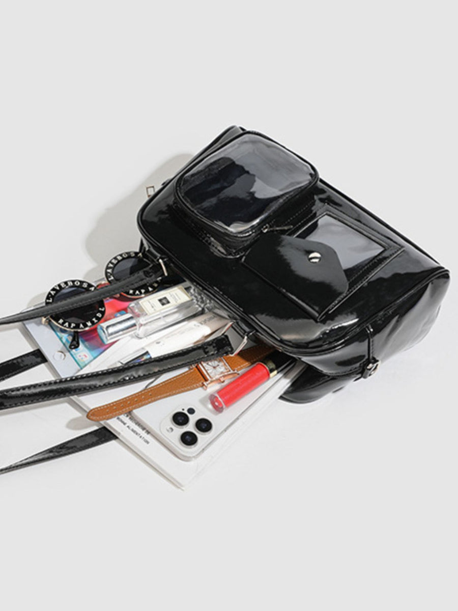 Glossy Patent Leather Multi-Pocket Shoulder Bag in Black