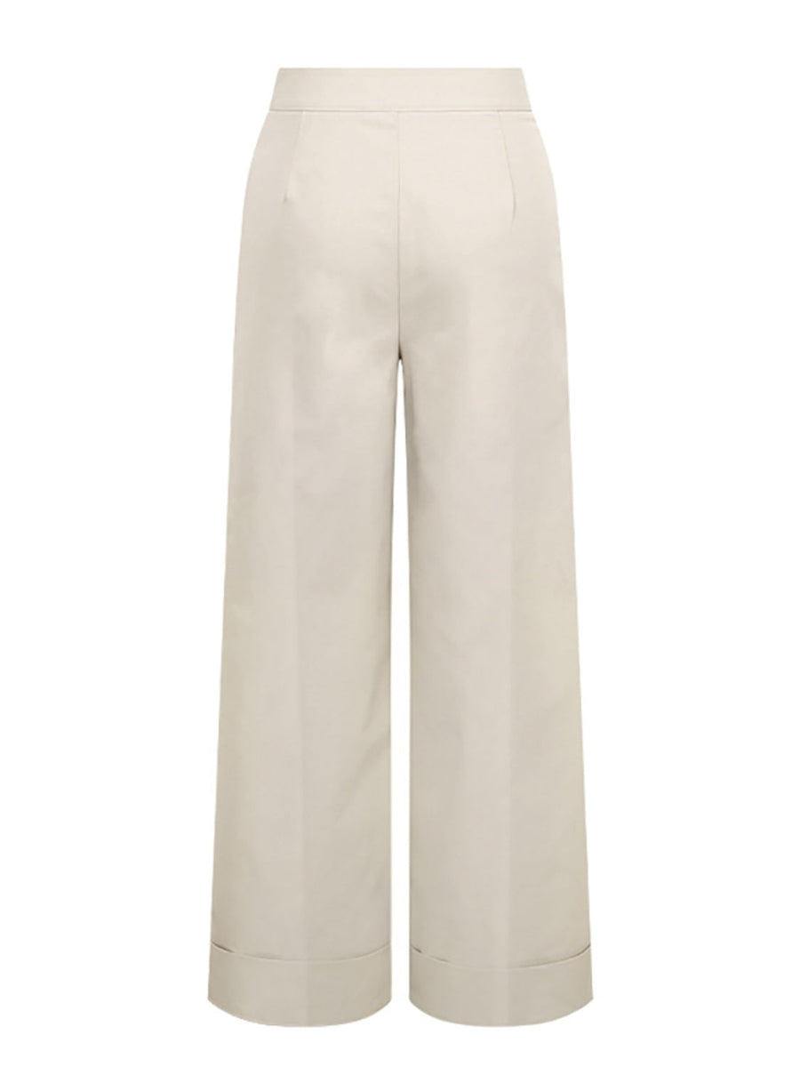 Beige wide-leg tailored trousers with cuffed hemline