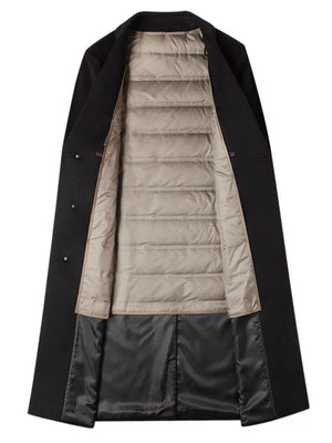 Men's black classic button up overcoat with quilted lining and satin interior.