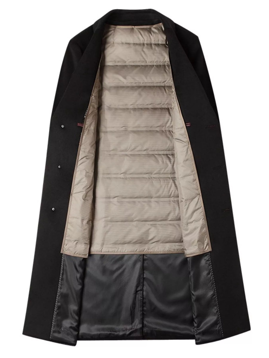Men's black classic button up overcoat with quilted lining and satin interior.