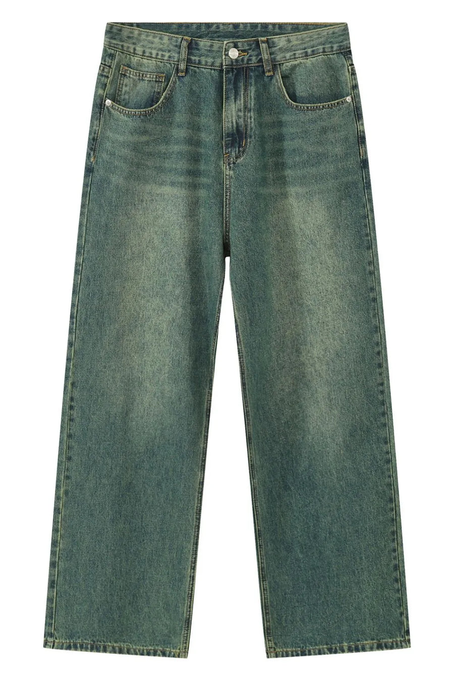 Wide-leg denim trousers in a faded dark green wash with a relaxed fit.