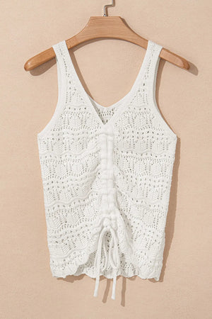 White crochet tank top with V-neck and ruched drawstring front detail