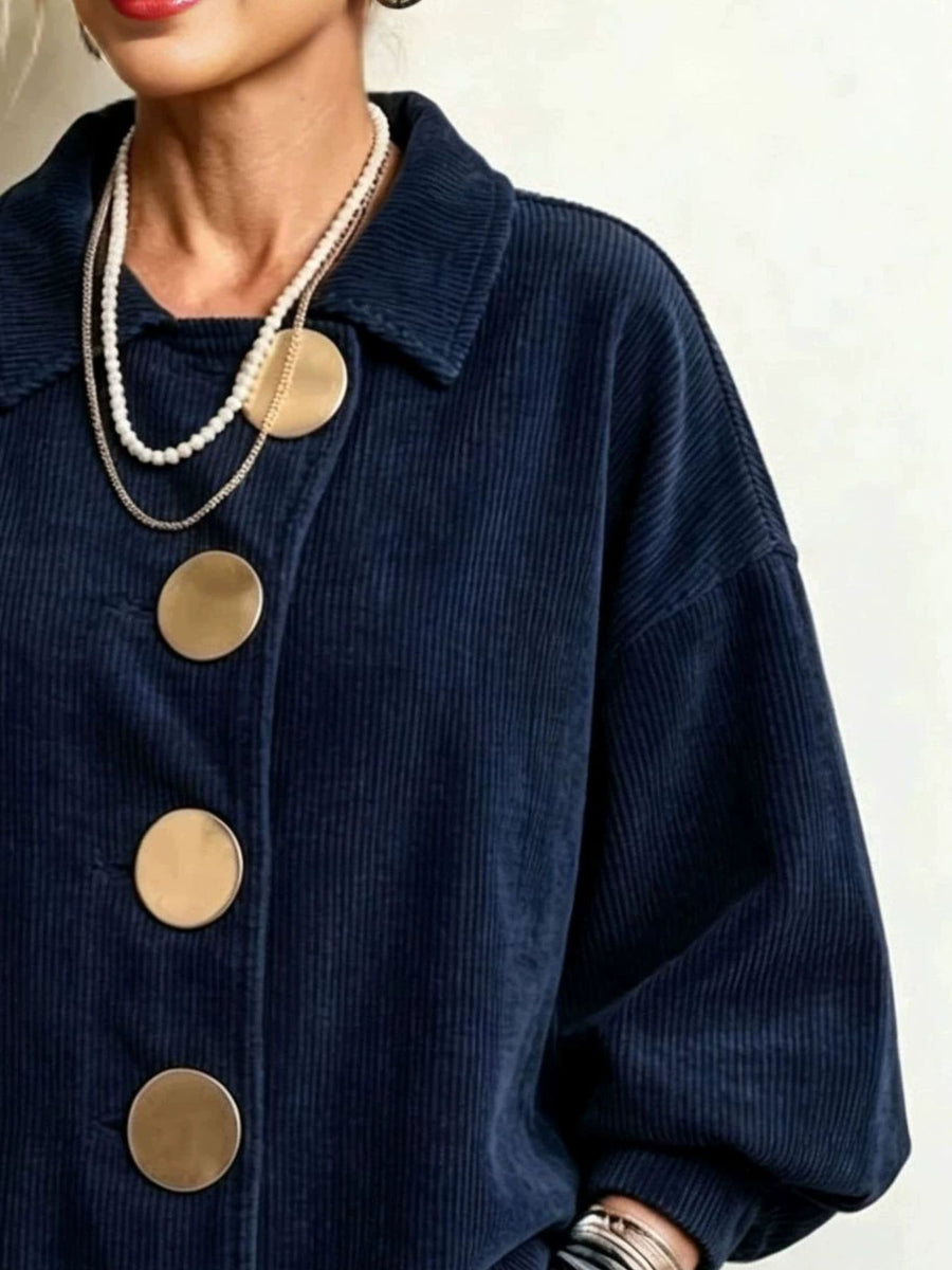 Full Size Corduroy Button-Down Jacket Plus Size in Black with collared