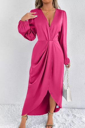 Satin Balloon Sleeve Midi Dress in Light Indigo with split