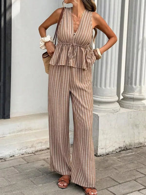 Chic striped two-piece set with tie front top and wide leg pants in camel.