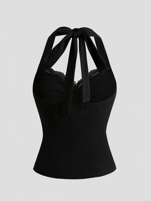 Black lace halter neck cami top with ruched front and tie back.