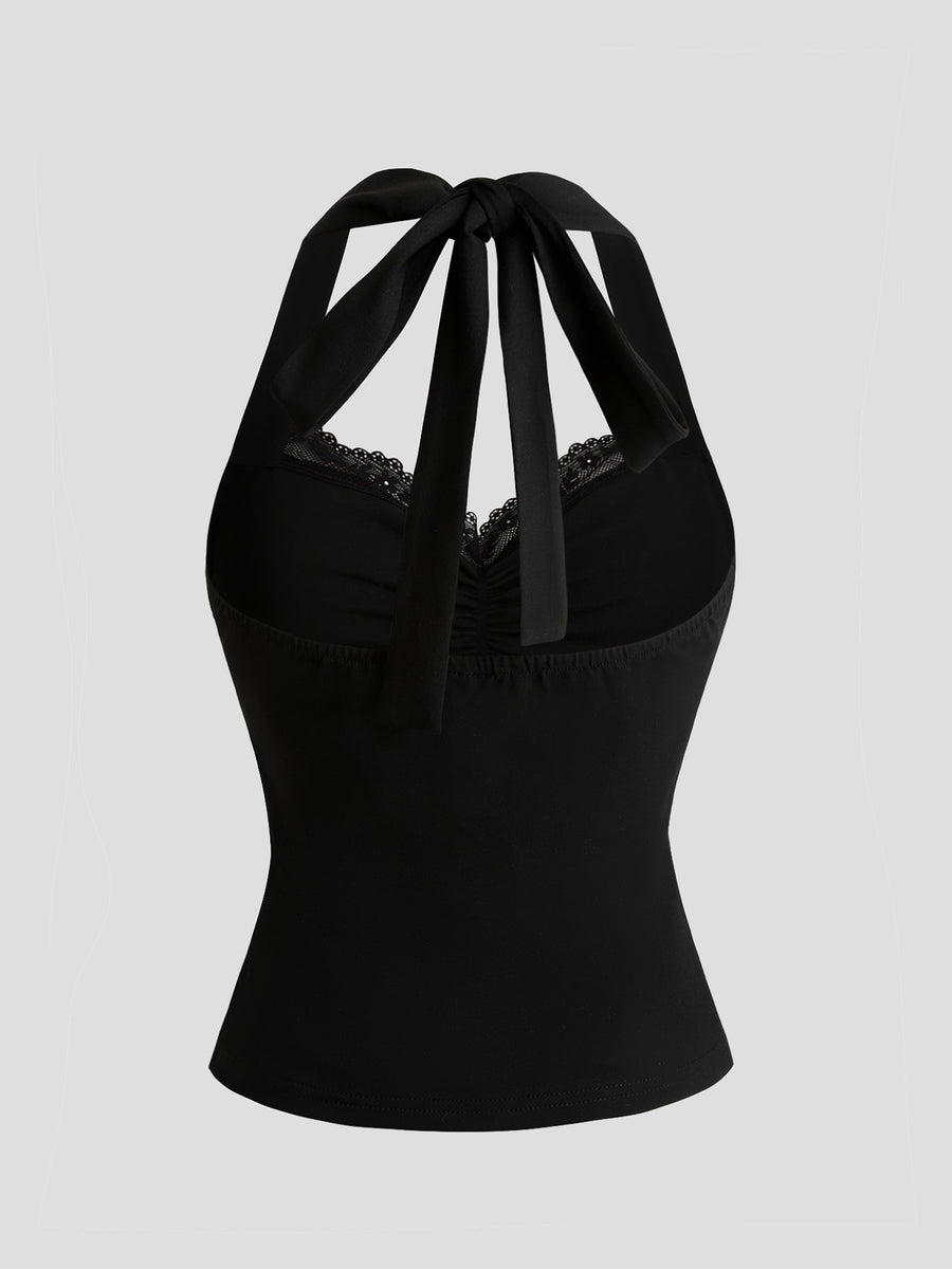 Black lace halter neck cami top with ruched front and tie back.