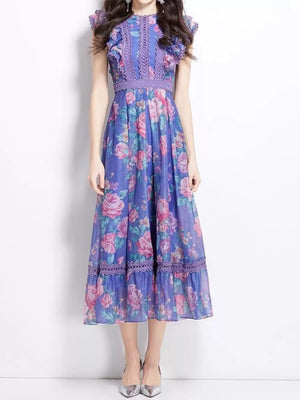 Charming floral ruffle sleeve midi dress with lace trim and a round neckline.