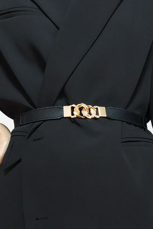 Black faux leather belt with gold chain detail and buckle