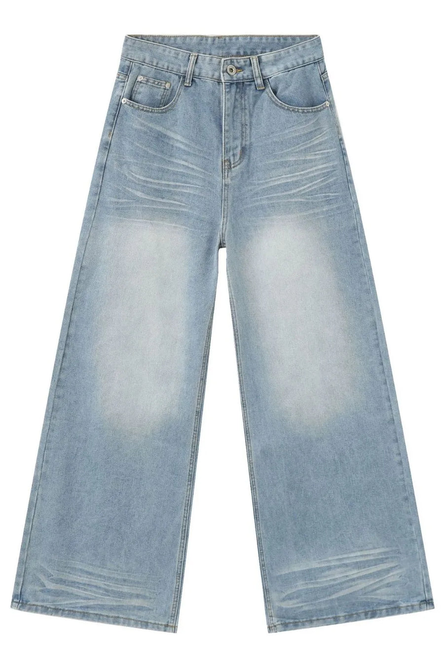 Baggy light blue denim palazzo jeans with a faded wash and wide leg.