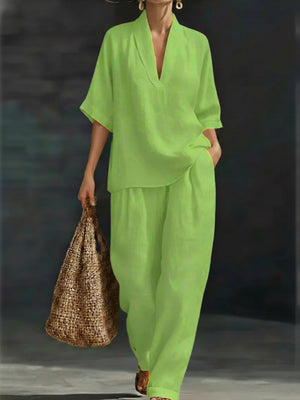 Lime green v-neck linen blend top with wide leg pants
