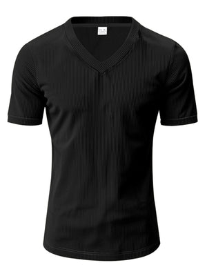 Black ribbed V-neck t-shirt with short sleeves.