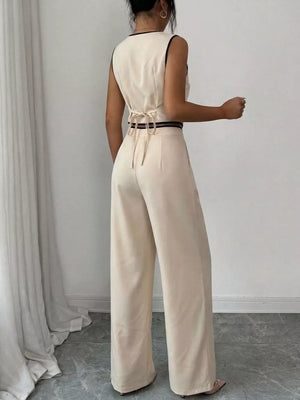 Apricot contrast trim two-piece set with a sleeveless top and wide-leg pants.