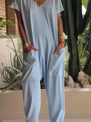 Army Green Loose Fit V-neck Short Sleeve Wide Leg Jumpsuit
