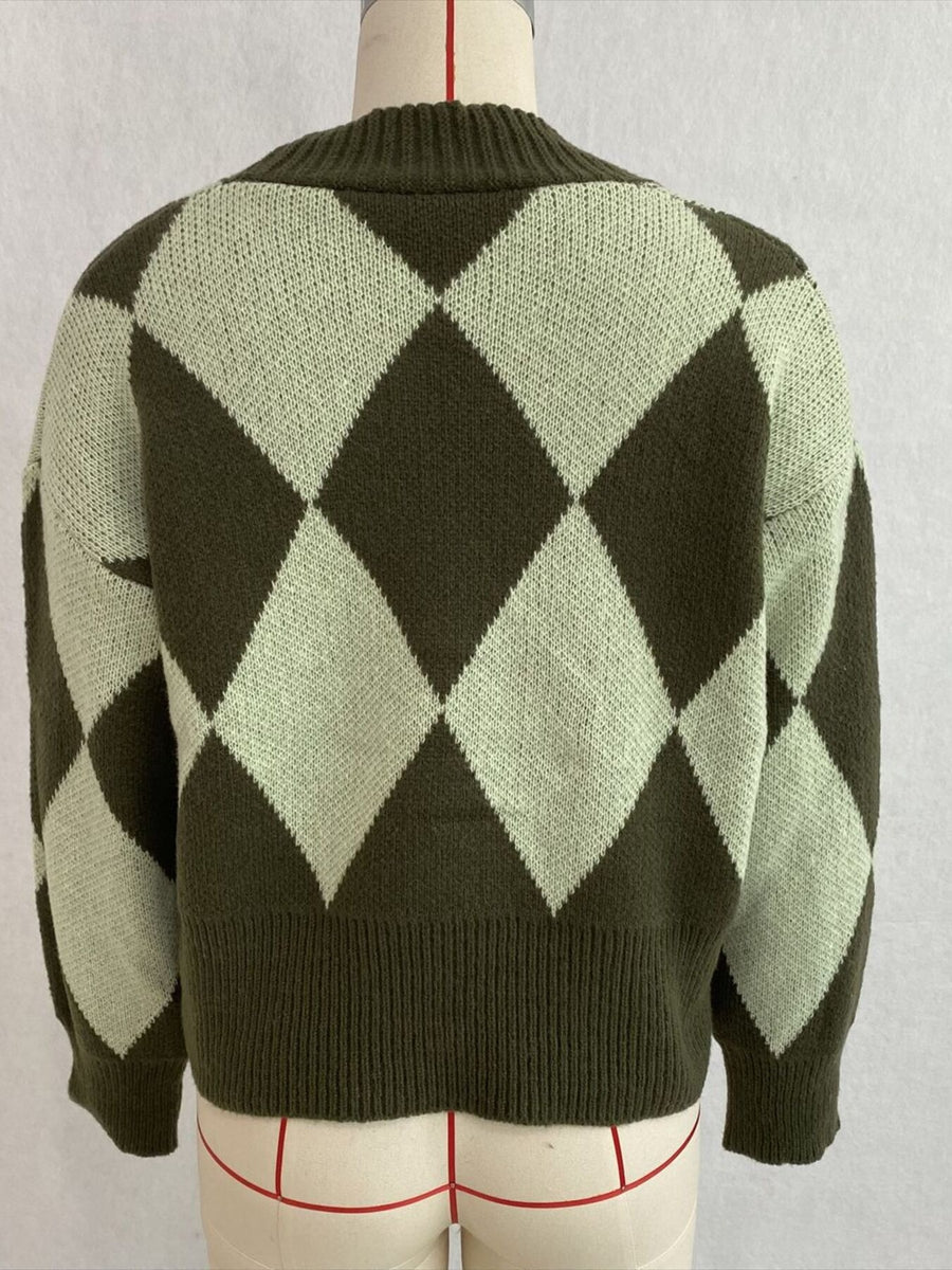 white cardigan with button-front and argyle
