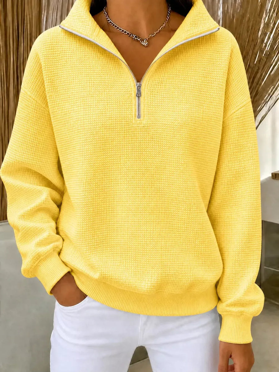 Full Size Waffle Knit Quarter-zip Sweatshirt Plus Size in Light Green