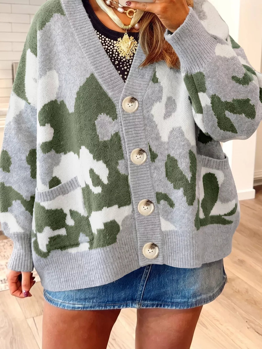 light gray cardigan featuring buttoned and camo
