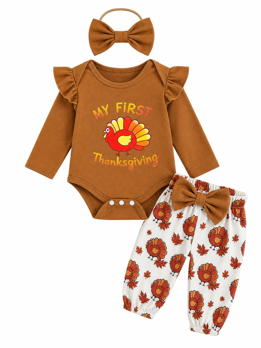 ivory outfit set featuring ruffle sleeves and turkey print