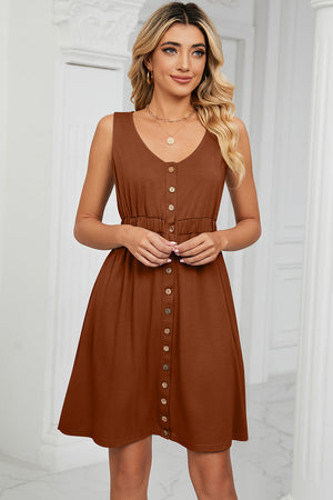 Button-down a-line summer dress in caramel with V-neck and elastic waist