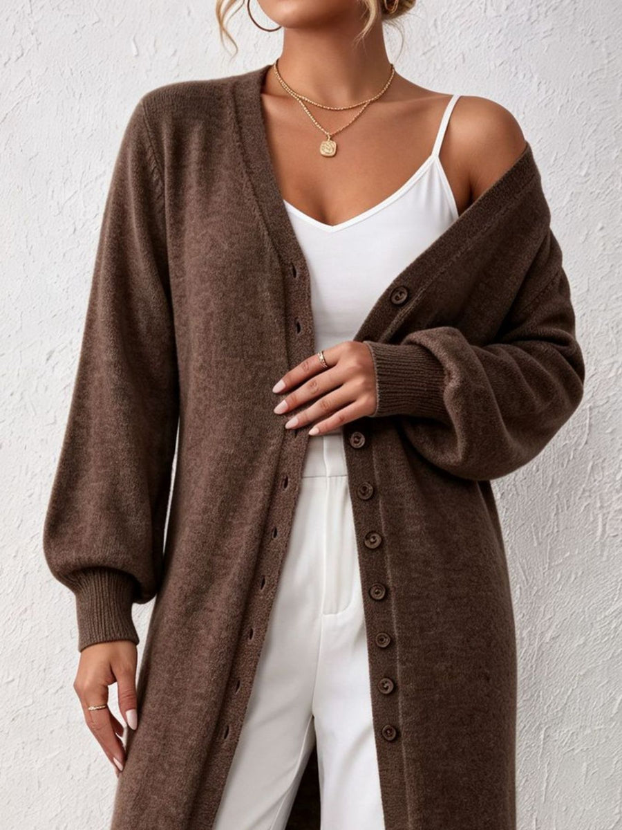 Elegant Longline Button-Front Cardigan in Dark Brown with buttoned