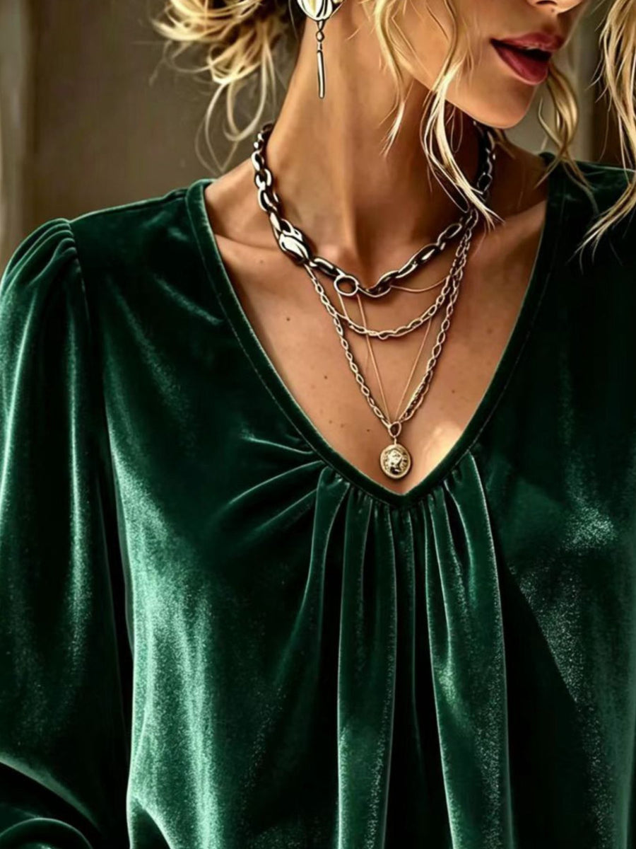 Dark Green relaxed blouse with v-neck