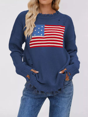 red pullover sweater featuring distressed and American Flag graphic