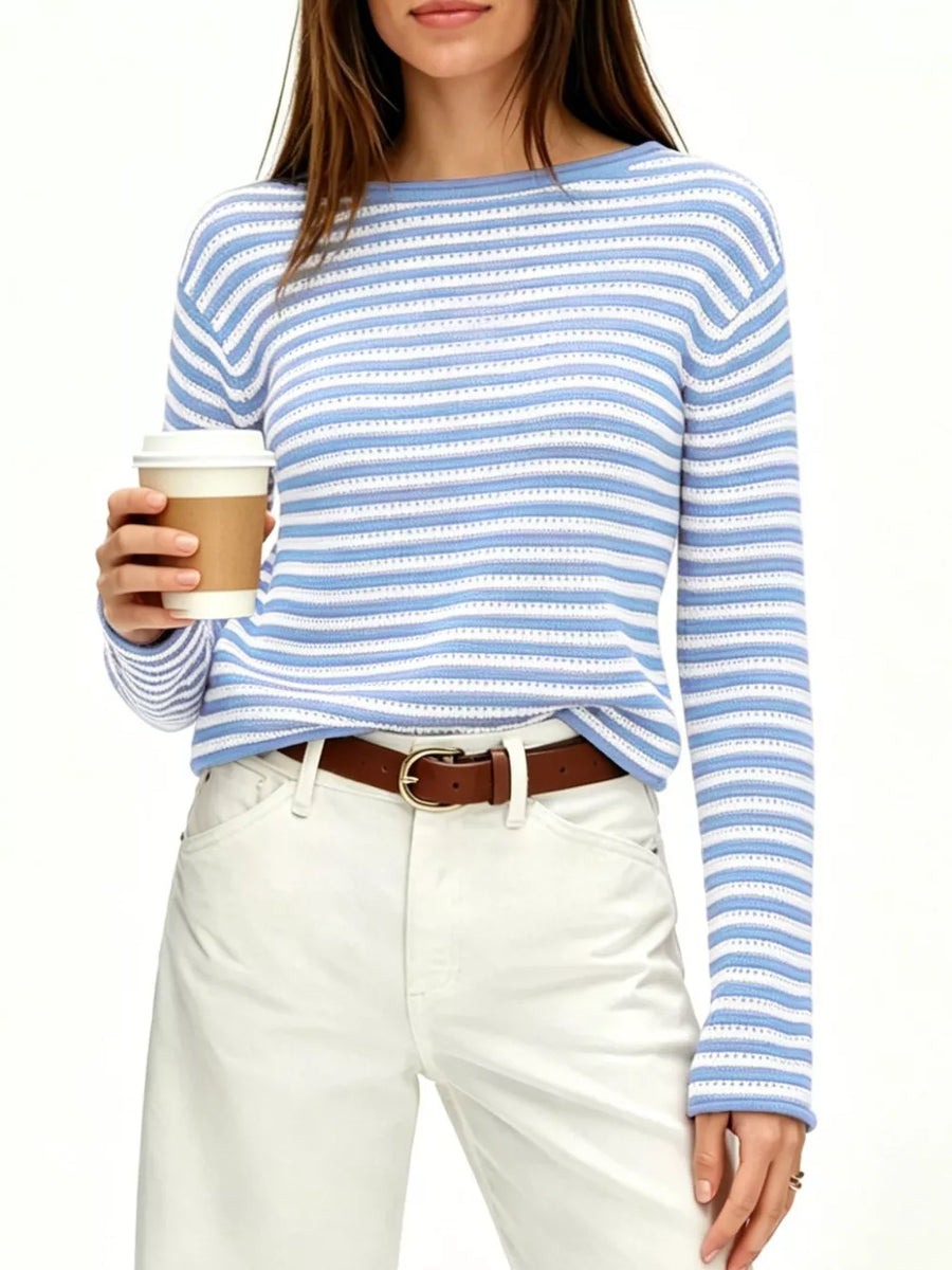 white pullover sweater featuring stretch and striped