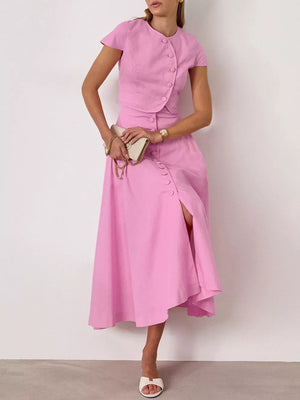 skirt set in blush pink featuring buttoned and fitted top with A-line skirt fit