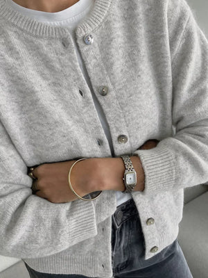 65% polyester, 13% plyamide, 13% acrylic, 6% wool, 3% elastane Care instructions cardigan in Gray/white with regular