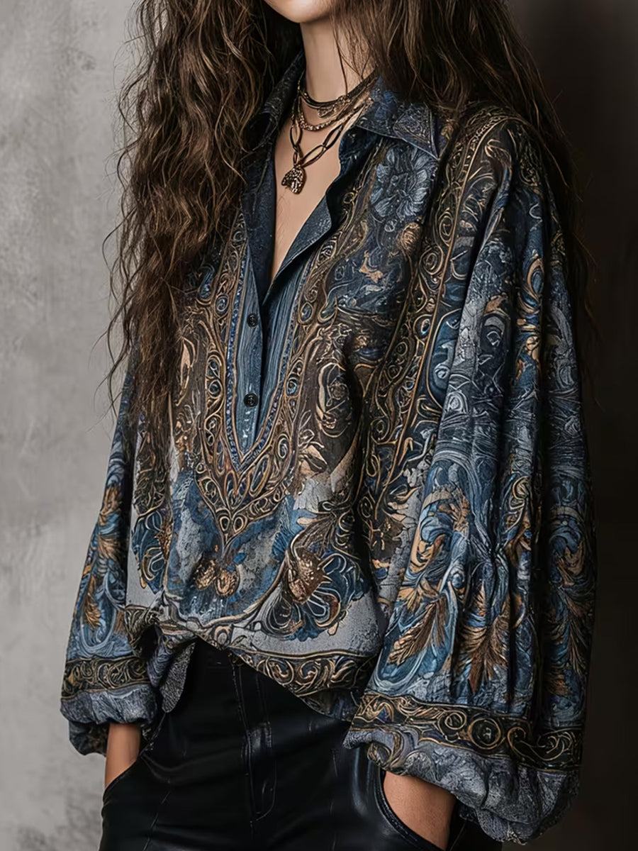 golden brown blouse featuring oversized and ornate-print