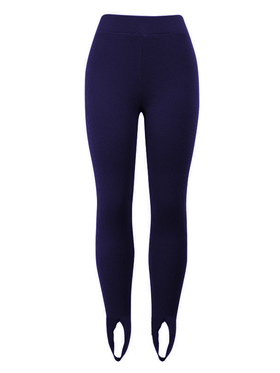 Dark Navy ribbed knit stirrup leggings with a high waist and foot straps.