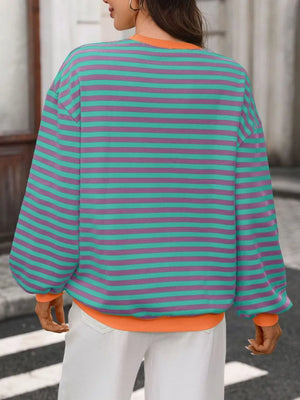 sweatshirt featuring striped in Blue Purple with 65% Rayon 30% Polyester 5% Spandex Care instructions: Machine wash cold