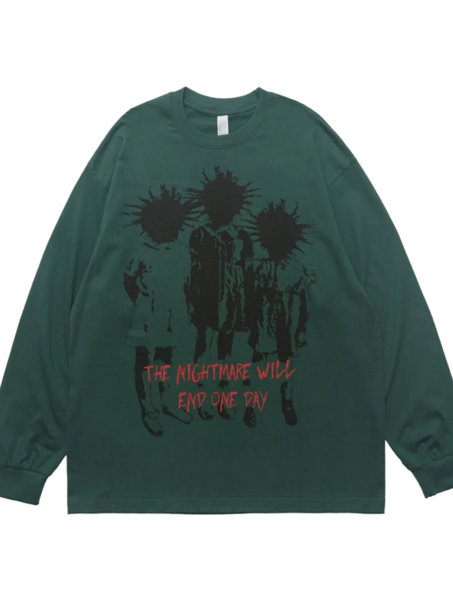 Green cotton oversized long sleeve tee with graphic print and text detail.