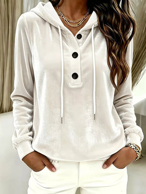 Black pullover hoodie with hip-length and drawstring, half-button