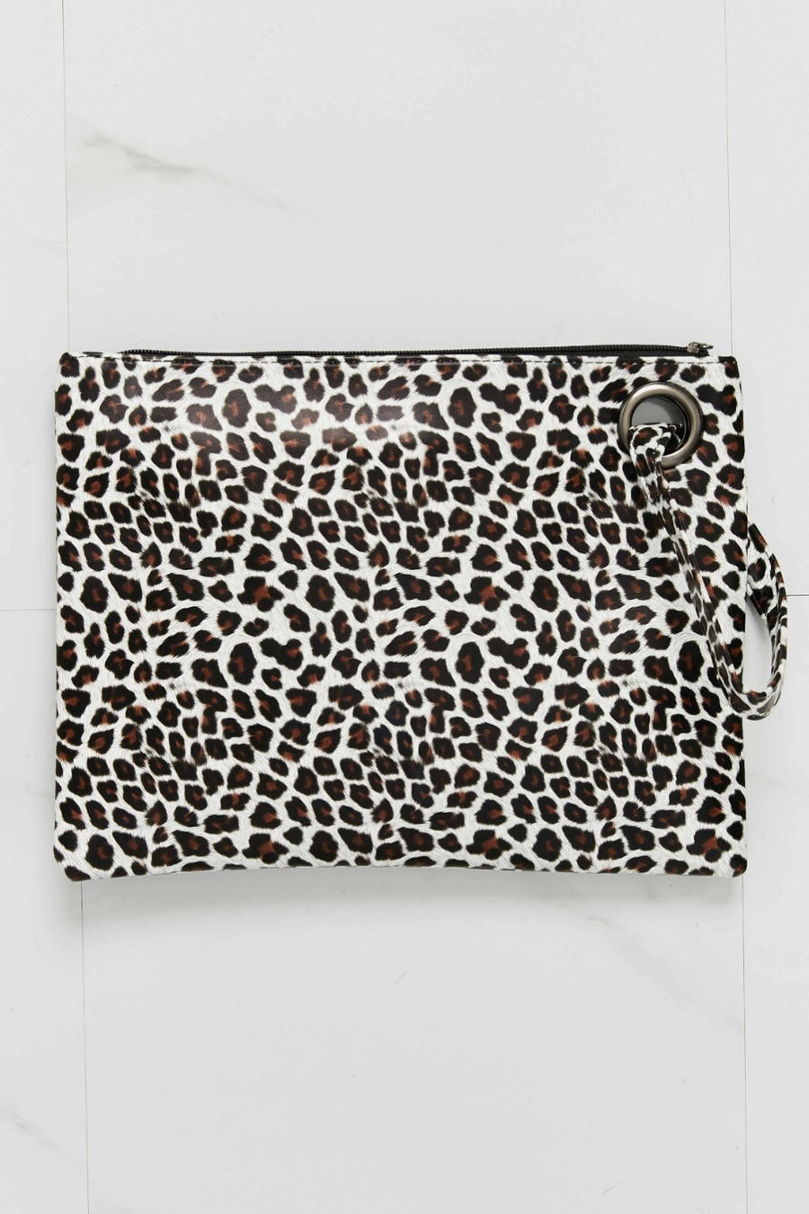 Leopard print clutch bag with wristlet strap and silver hardware