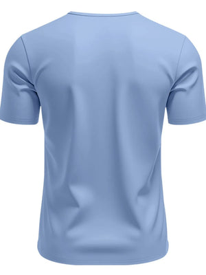 Light blue V-neck performance tee for him, short sleeves, plain casual t-shirt.