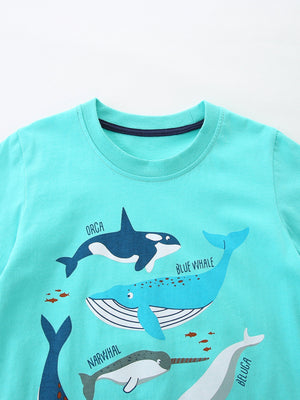 Turquoise cotton t-shirt with orca, blue whale, narwhal, and beluga whale print.