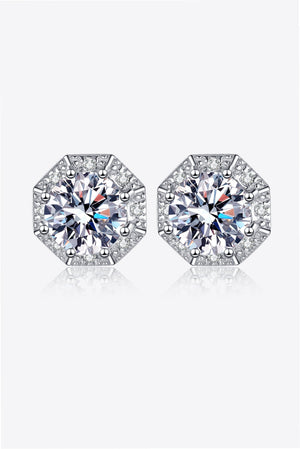 Octagonal halo moissanite stud earrings in silver with sparkling accents.