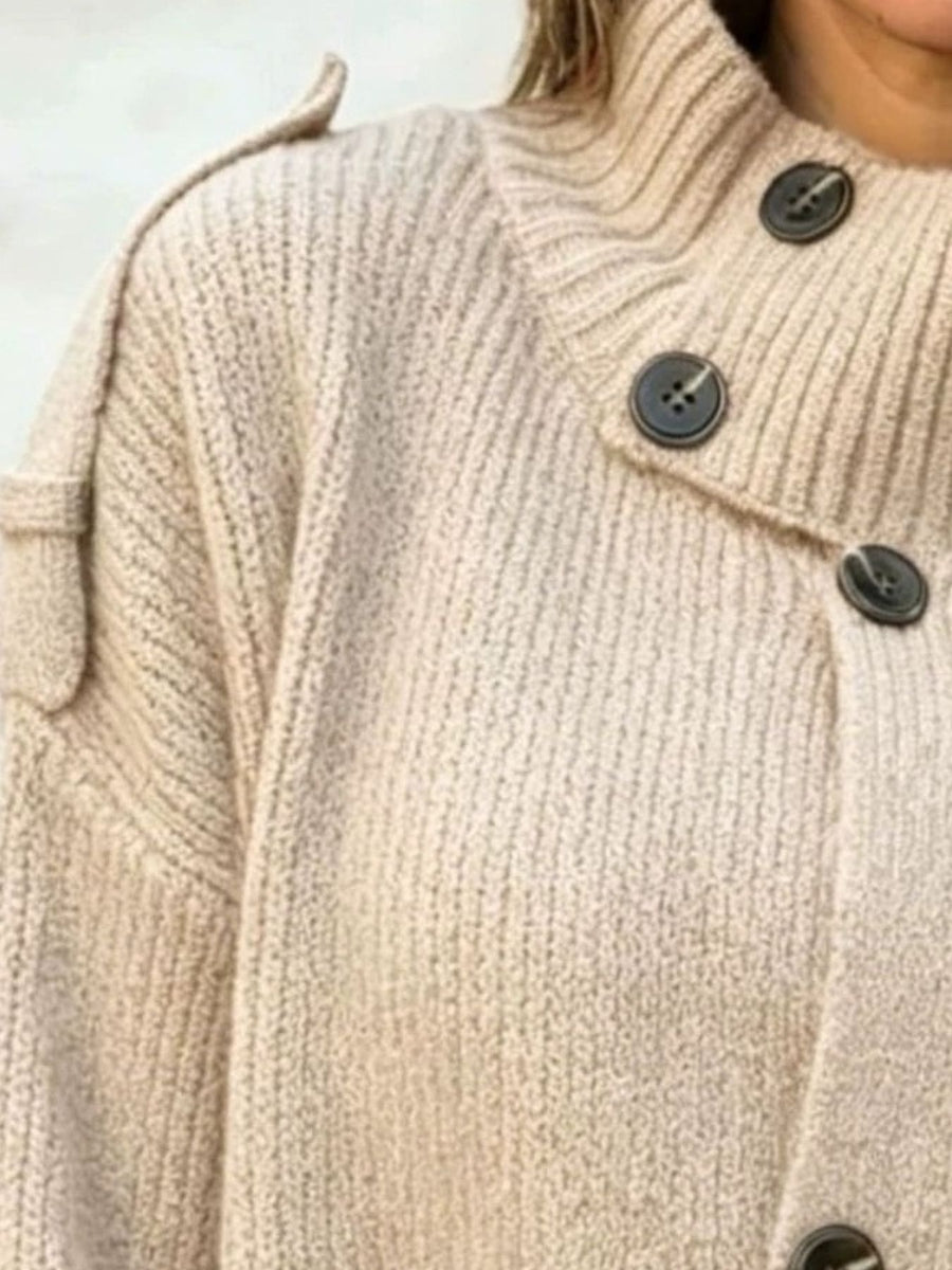 Apricot cardigan with hip-length and button-front