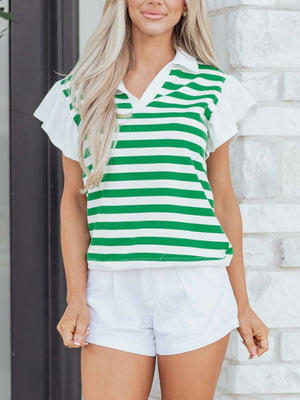 Cotton blouse with green and white stripes, ruffled sleeves, and collar.