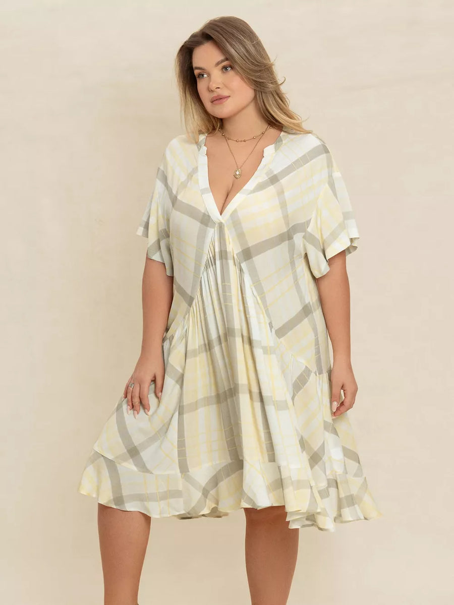 Plus size beige plaid flutter sleeve v-neck midi dress with tiered skirt