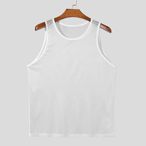 White mesh overlay tank top with round neckline and sleeveless cut.