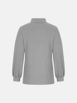 Gray mock neck top with puff sleeves and button back detail