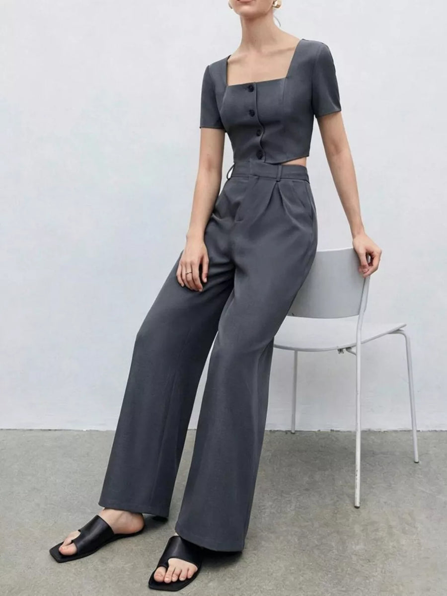 Chic square neck buttoned crop top and wide leg pants set in charcoal grey.