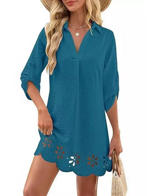 shirt dress featuring floral eyelet in Red with 100% polyester Care instructions: Machine wash cold texture